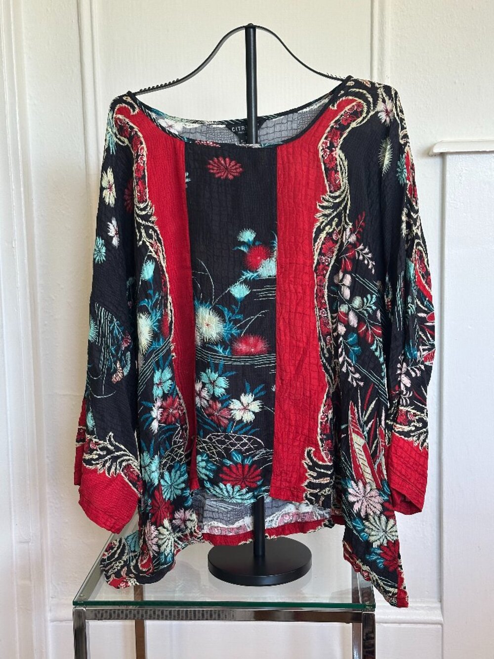 Citron Santa Monica 100% Silk Blouse | 3X | Asymmetrical Hem | Art-to-Wear